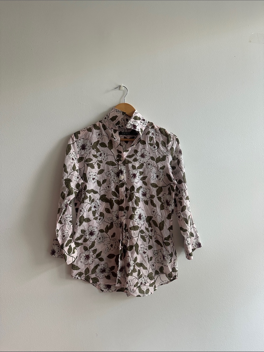 Lauren Ralph Lauren Light Pink Floral Shirt with Olive Leaves